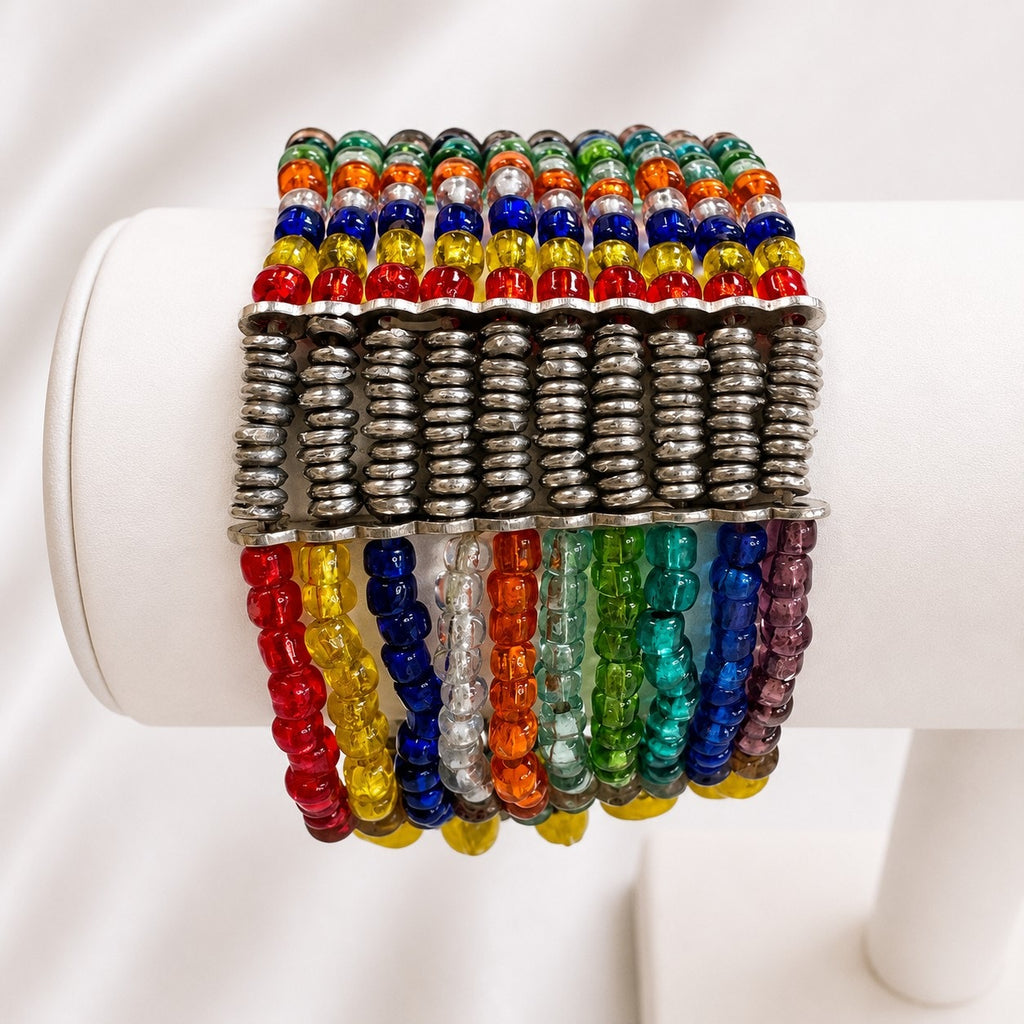 Wide Multicolor Beaded Stretch Cuff Bracelet Boho Statement B177
