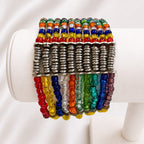 Wide Multicolor Beaded Stretch Cuff Bracelet Boho Statement B177