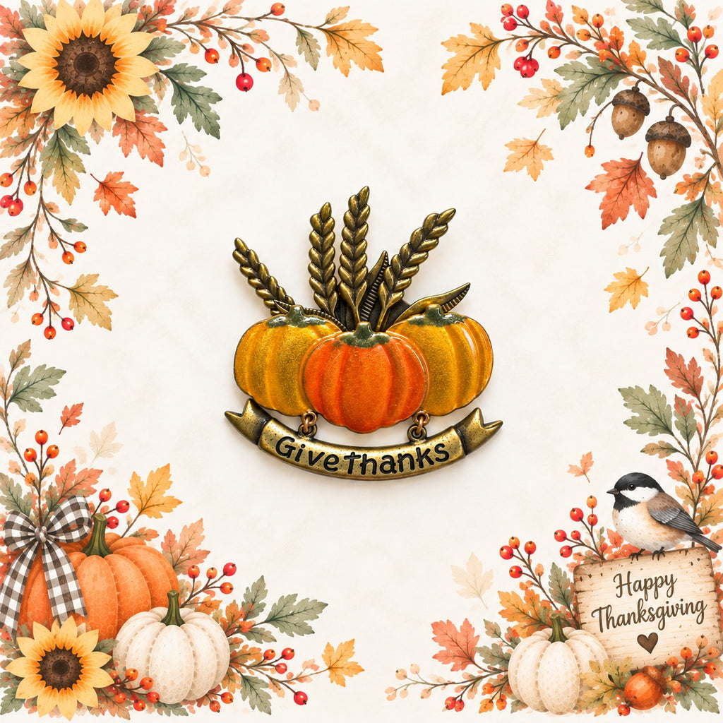 Vintage KC Give Thanks Pumpkin Wheat Brooch Thanksgiving Harvest Fall Pin CP221