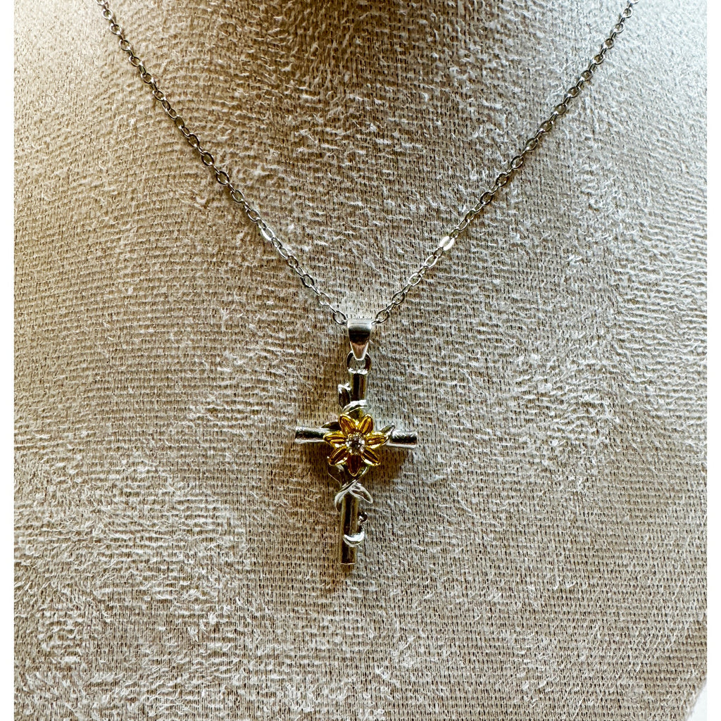 Sunflower Cross Necklace Silver Tone Gold Flower Pendant 16-18"  N370