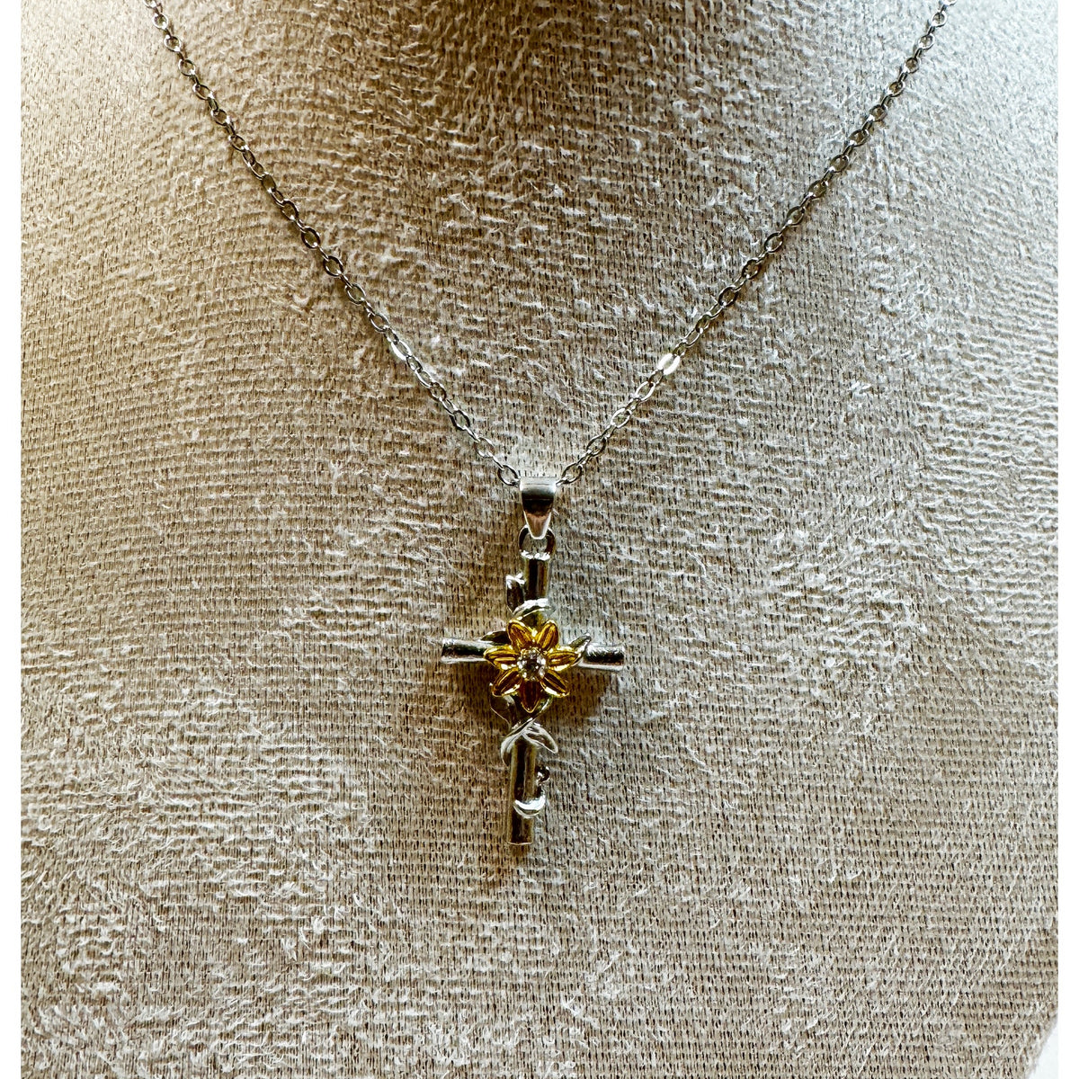 Sunflower Cross Necklace Silver Tone Gold Flower Pendant 16-18"  N370