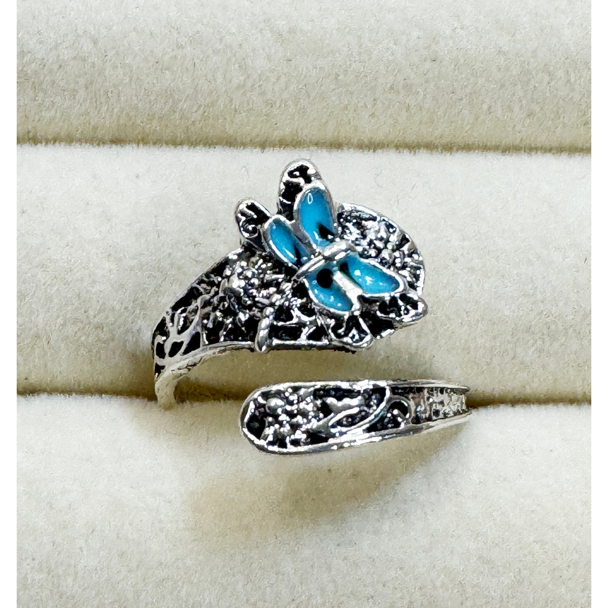 Blue Butterfly Adjustable Silver Ring Filigree Floral Wrap New R011