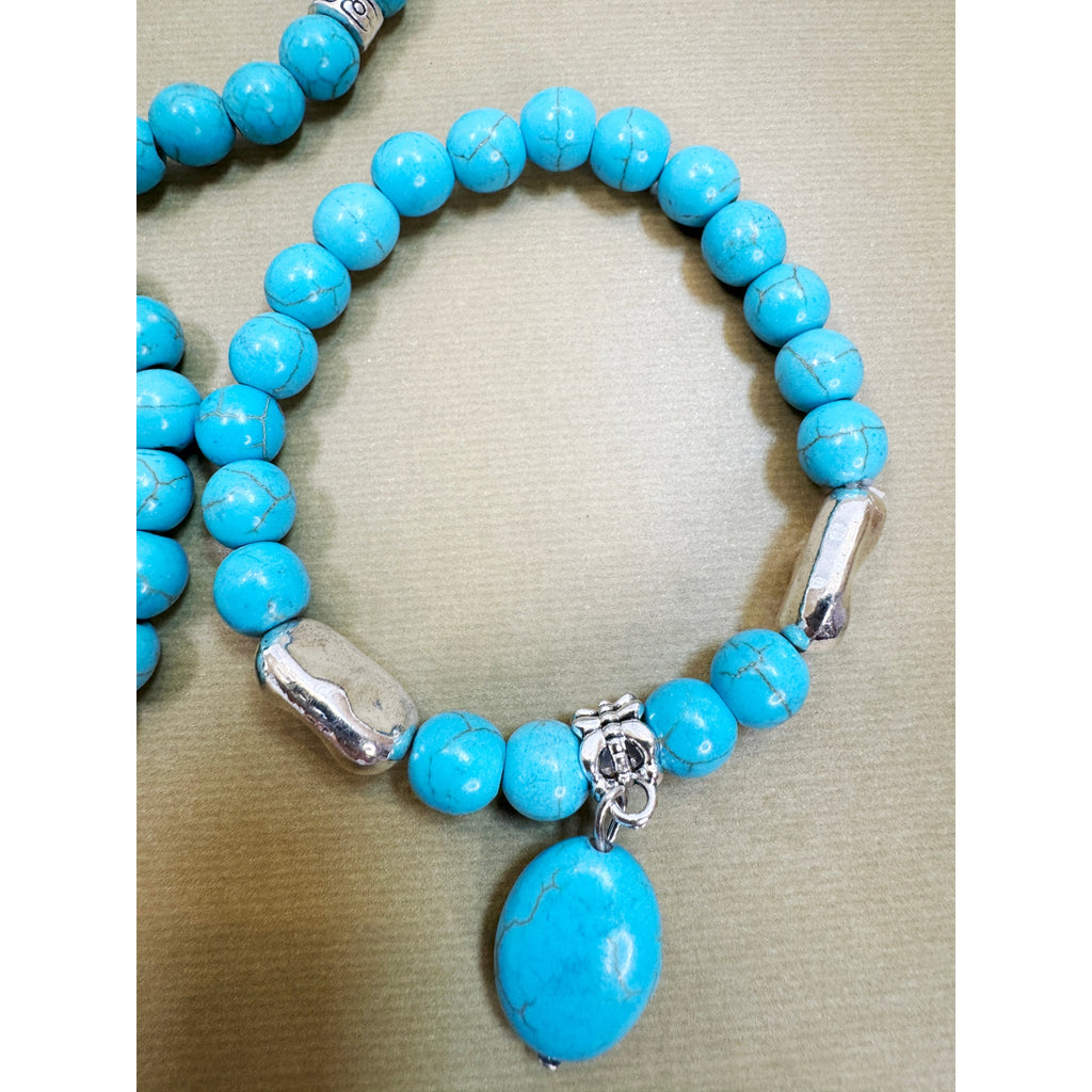 Set of 3 Turquoise Bead Stretch Bracelets Tree Charm Boho Stack
