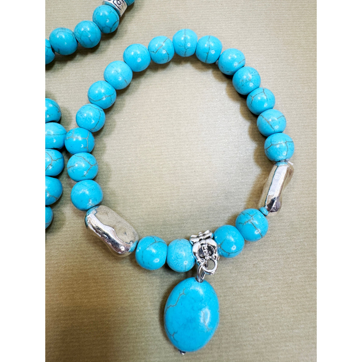 Set of 3 Turquoise Bead Stretch Bracelets Tree Charm Boho Stack