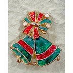 Vintage Enamel Christmas Bells Pin Brooch Red Green Gold Bow Holiday CP22