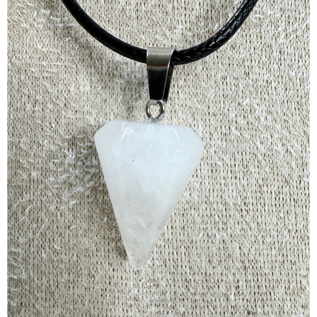 White Stone Point Pendant Necklace 24" Black Cord Boho Healing Gift N536