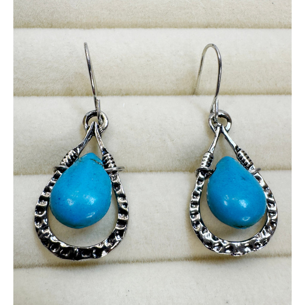 Turquoise Teardrop Drop Earrings Silver Tone Boho Western Dangle E798