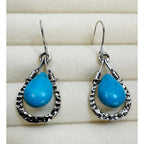 Turquoise Teardrop Drop Earrings Silver Tone Boho Western Dangle E798