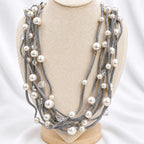 Vintage Multi Strand Faux Pearl Necklace Silver Gray Statement Jewelry N642