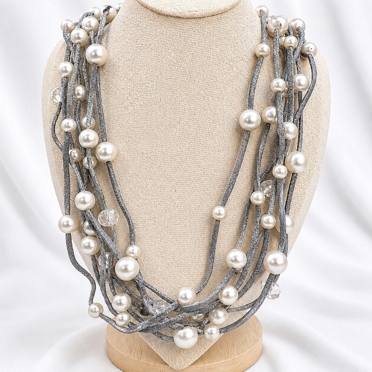 Vintage Multi Strand Faux Pearl Necklace Silver Gray Statement Jewelry N642