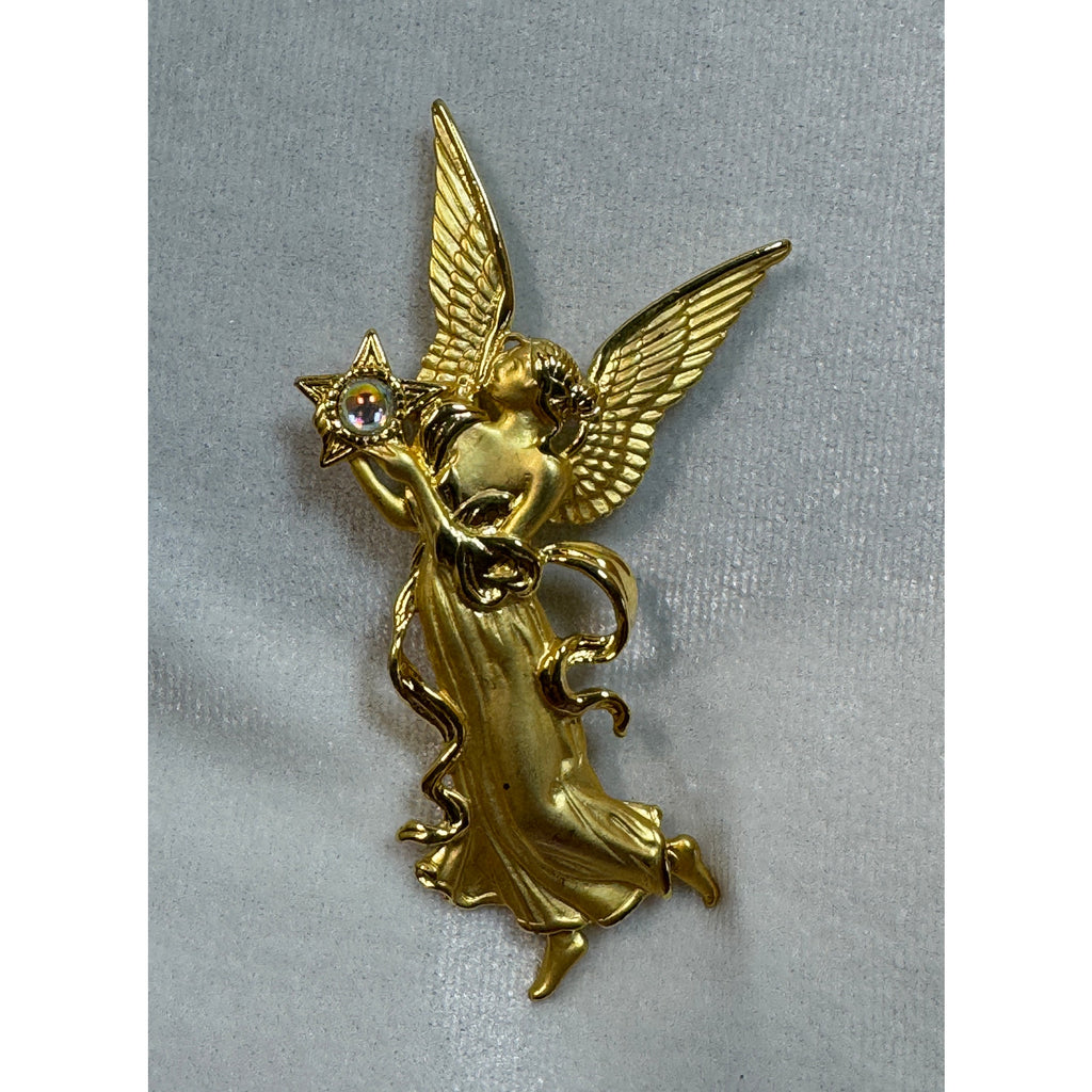 Gold Tone Angel Brooch Pin with Aurora Borealis Star Christmas 3" CP164
