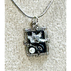 Silver Tone Black Enamel Flower Necklace Faux Pearl 18" Metal Cord New N463