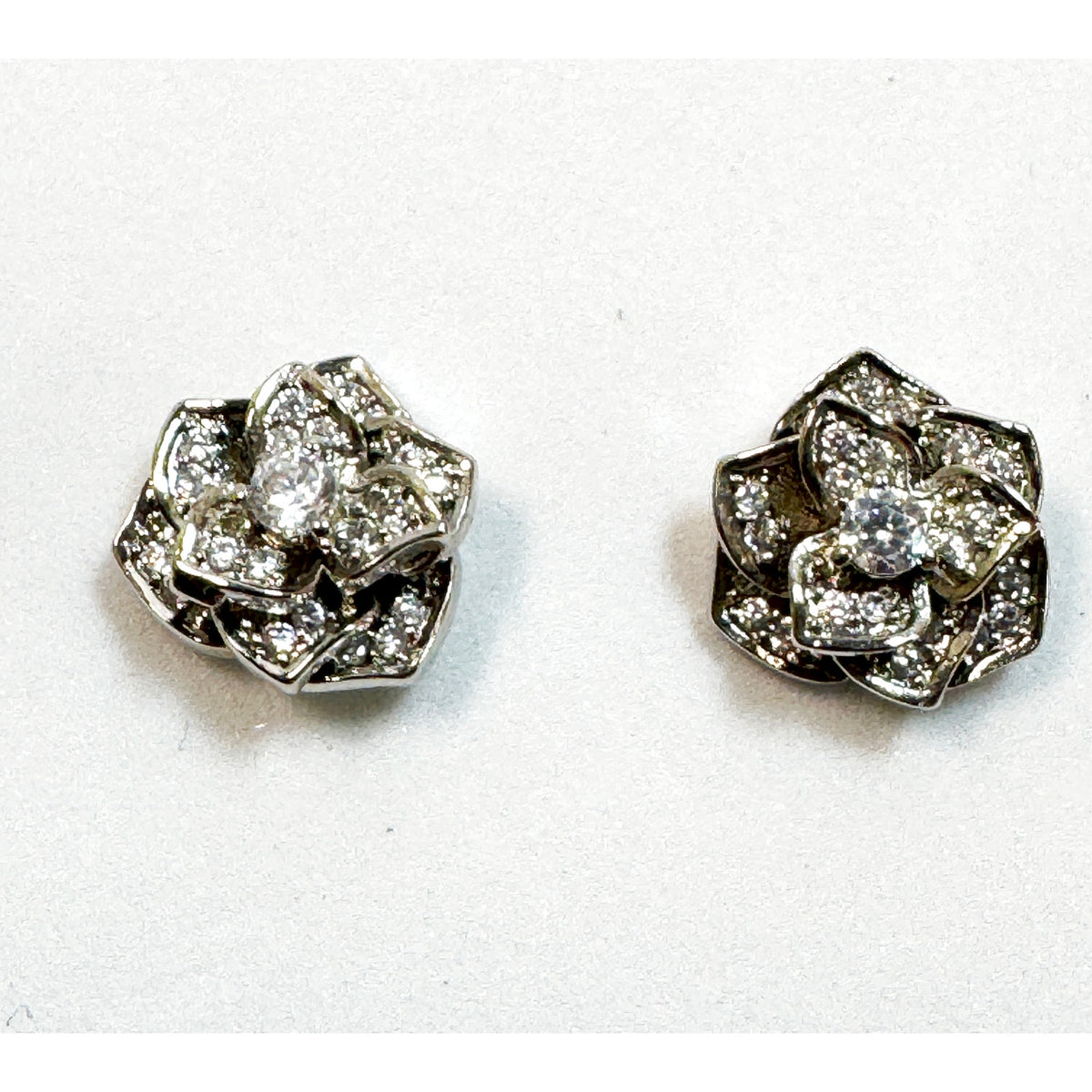 Silver Tone Rhinestone Rose Flower Post Earrings Sparkly Studs 1/2" E289