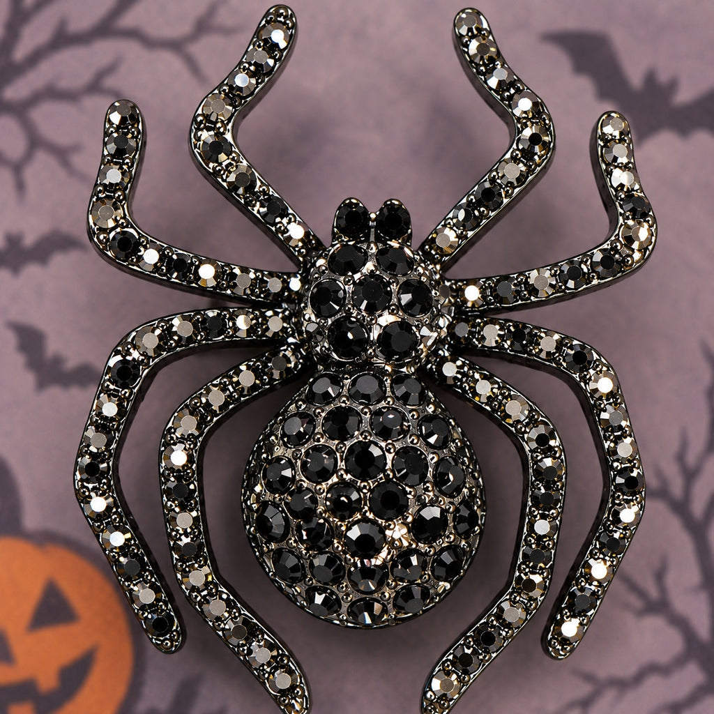 Black Rhinestone Spider Brooch Pin Halloween Gothic Costume Jewelry 2" CP172
