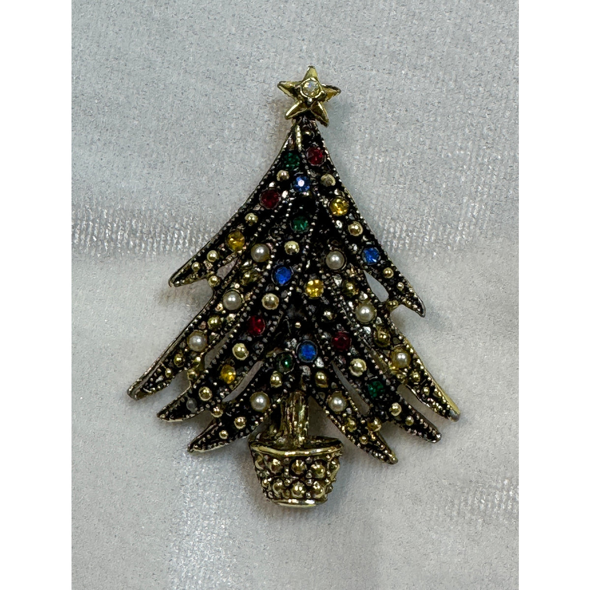 Vintage Christmas Tree Brooch Pin Rhinestones Pearls Holiday Jewelry 2.5" CP179