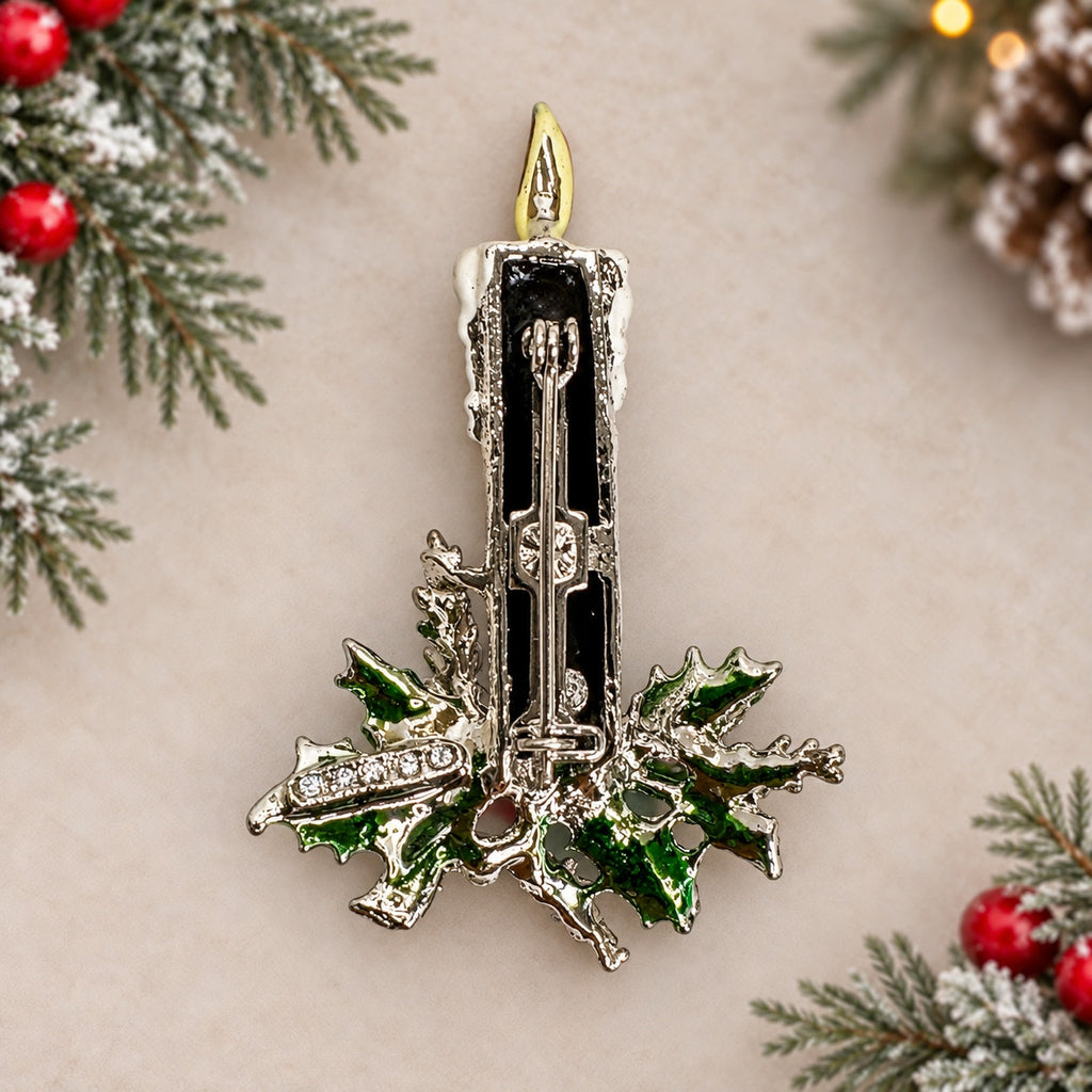 Vintage Christmas Candle Brooch Enamel Holly Silver Tone Rhinestone Pin CP270