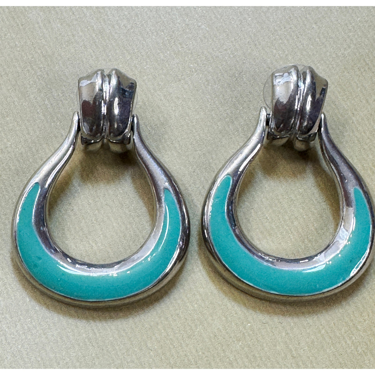 Vintage Turquoise Enamel Open Teardrop Post Earrings Silver Tone 1.5" E508