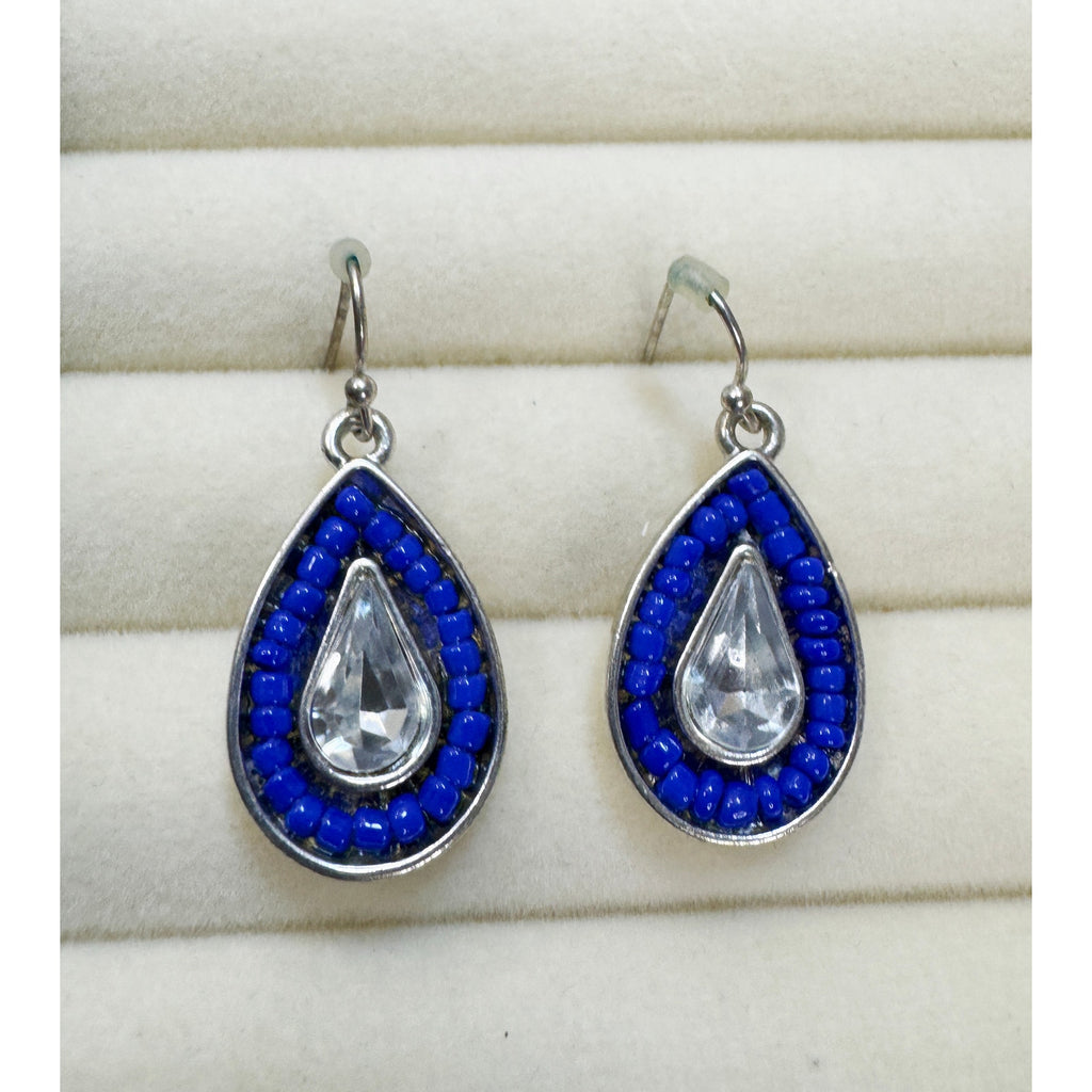 Blue Beaded Teardrop Dangle Earrings Silver Clear Crystal 1.25" Pre-Loved E611