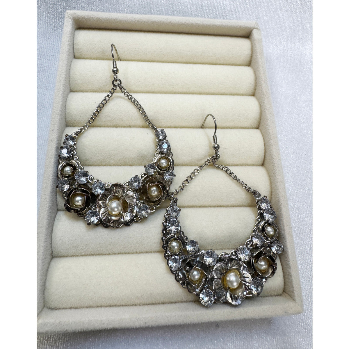 Vintage Rhinestone Faux Pearl Statement Earrings 3" Floral Dangle Silver  E614