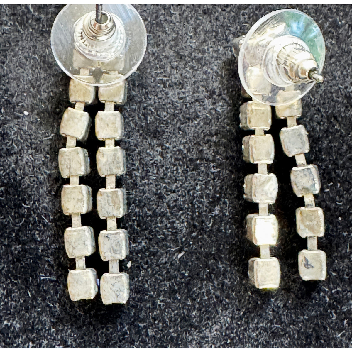 Vintage Blue & Clear Rhinestone Dangle Post Earrings Silver Tone 1" Drop  E498