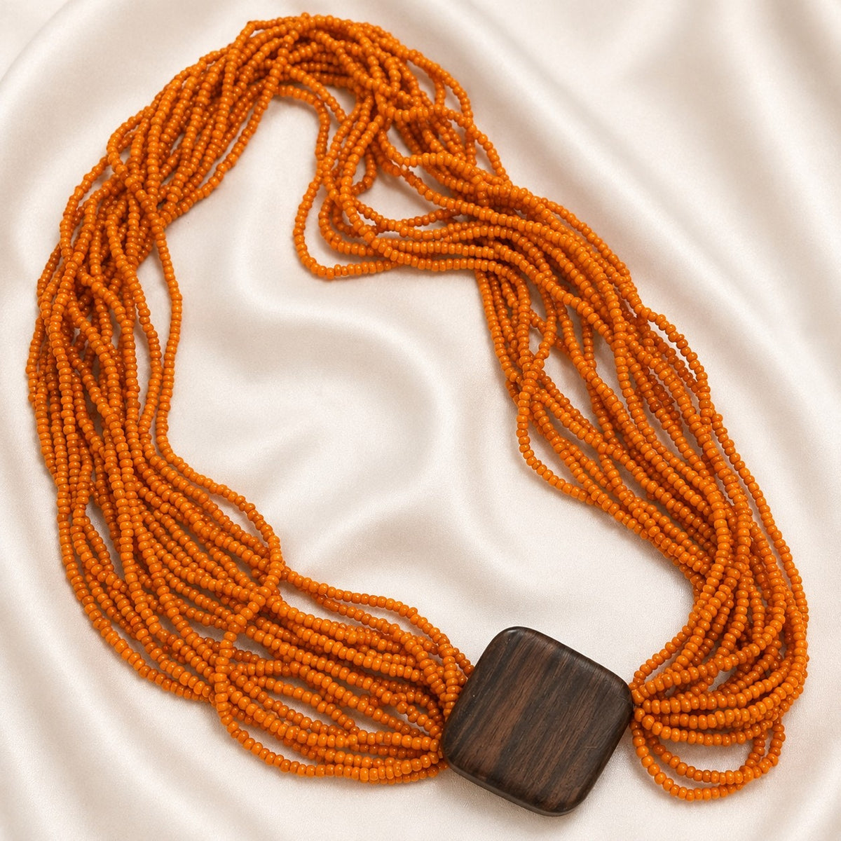 Orange Multi Strand Beaded Necklace Wood Accent 30 Inch Statement N644