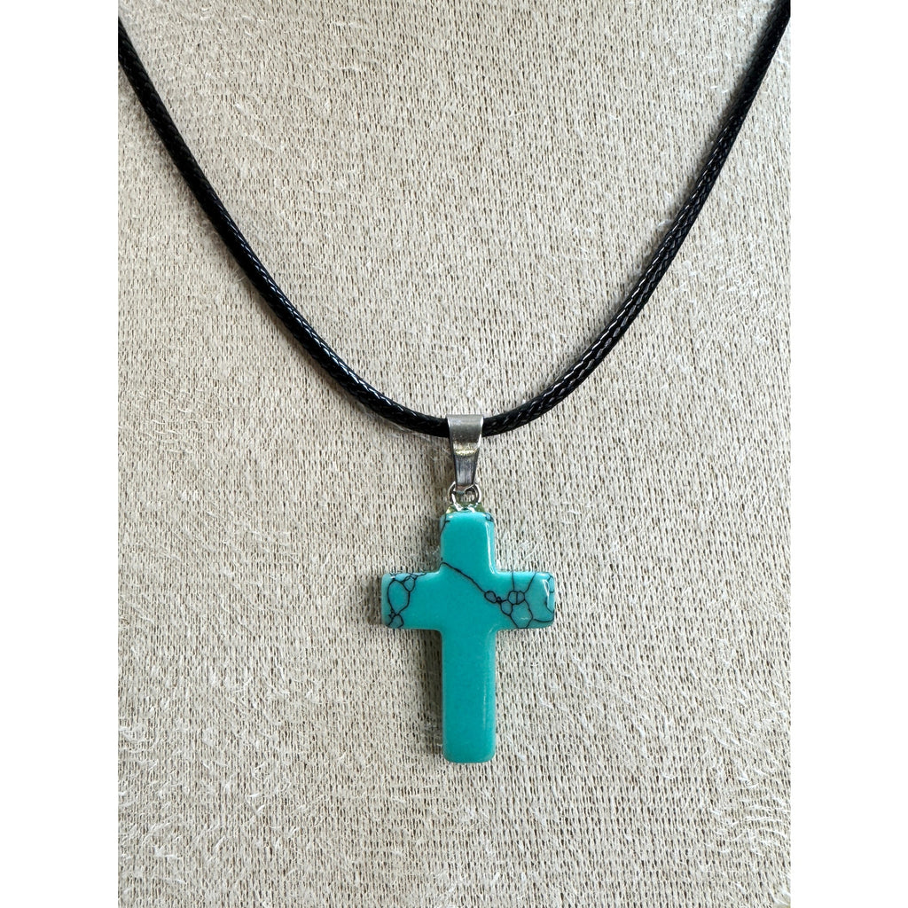 FauxTurquoise Cross Pendant Necklace 24" Black Cord Christian Gift Boho N530