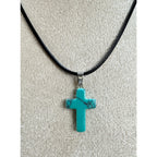 FauxTurquoise Cross Pendant Necklace 24" Black Cord Christian Gift Boho N530