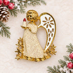 Vintage Christmas Angel Brooch Gold Tone Enamel Rhinestone Candle Pin CP258