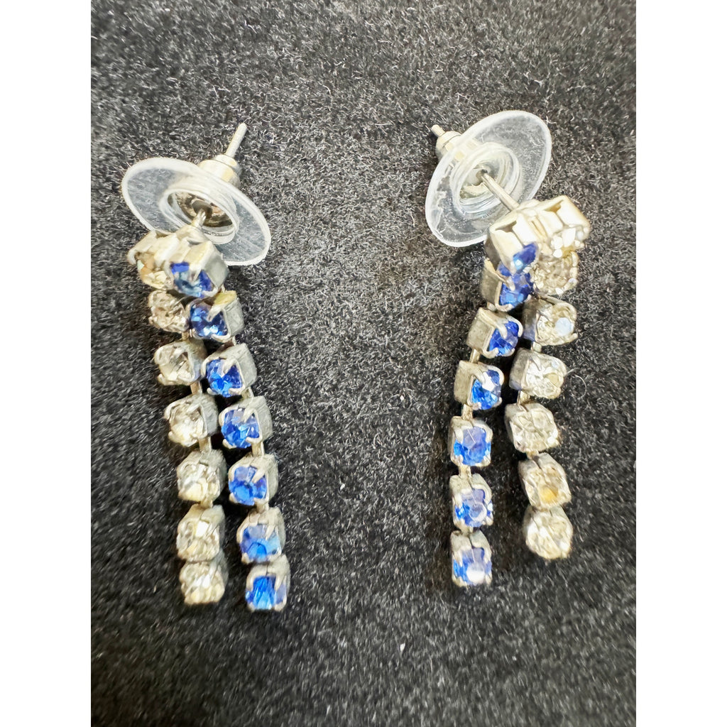 Vintage Blue & Clear Rhinestone Dangle Post Earrings Silver Tone 1" Drop  E498
