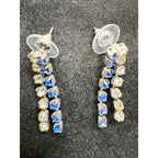 Vintage Blue & Clear Rhinestone Dangle Post Earrings Silver Tone 1" Drop  E498