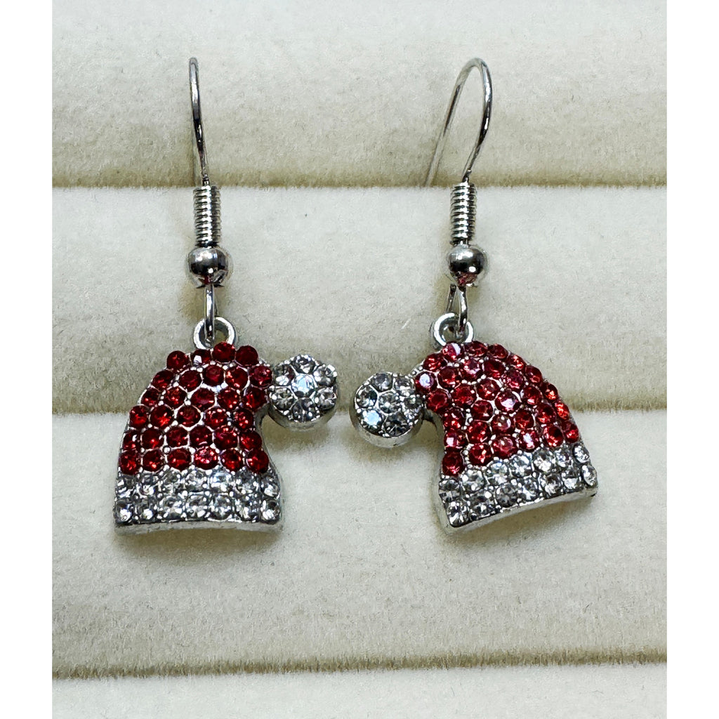 New Christmas Santa Hat Rhinestone Dangle Earrings Red White Holiday 1 Inch E494