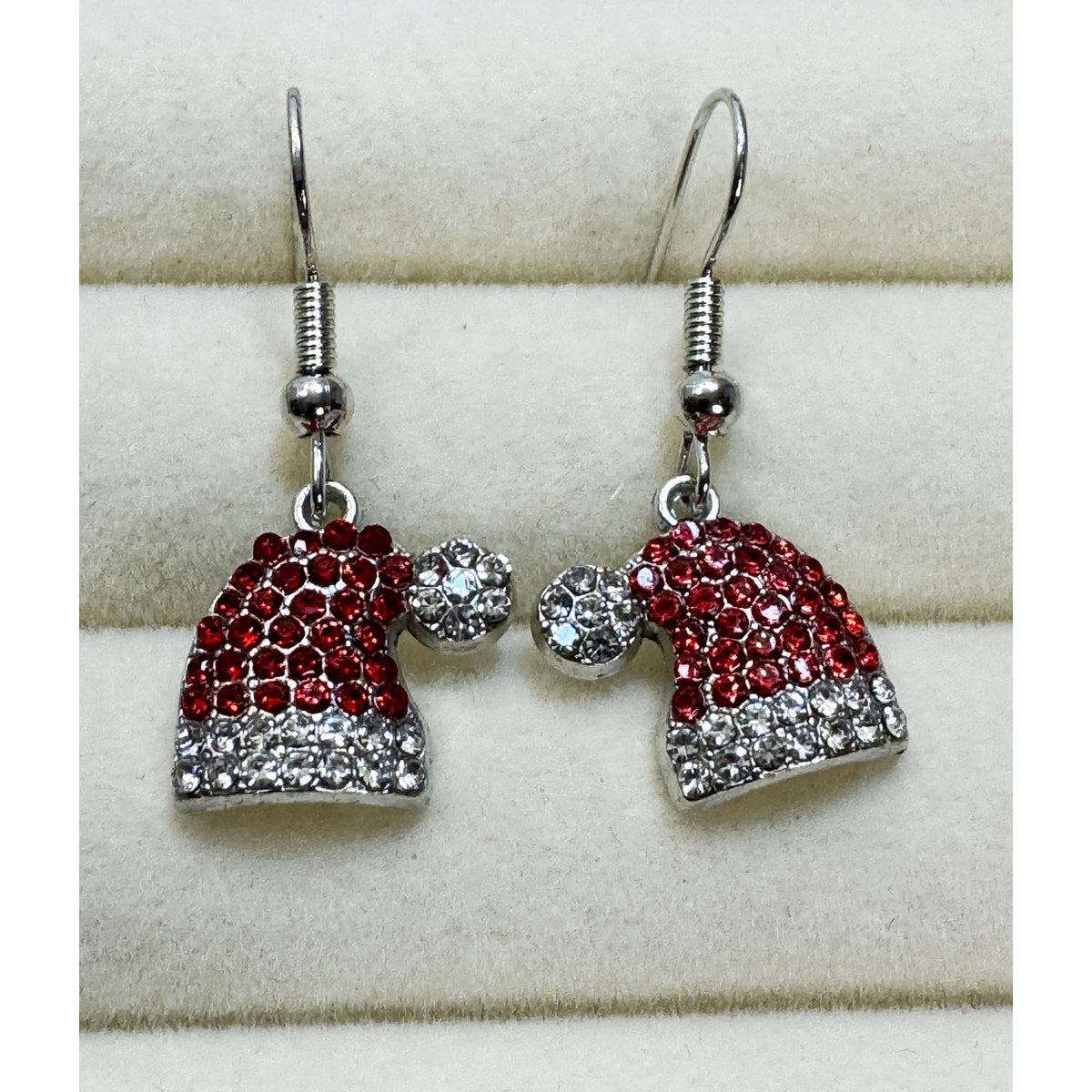 New Christmas Santa Hat Rhinestone Dangle Earrings Red White Holiday 1 Inch E494