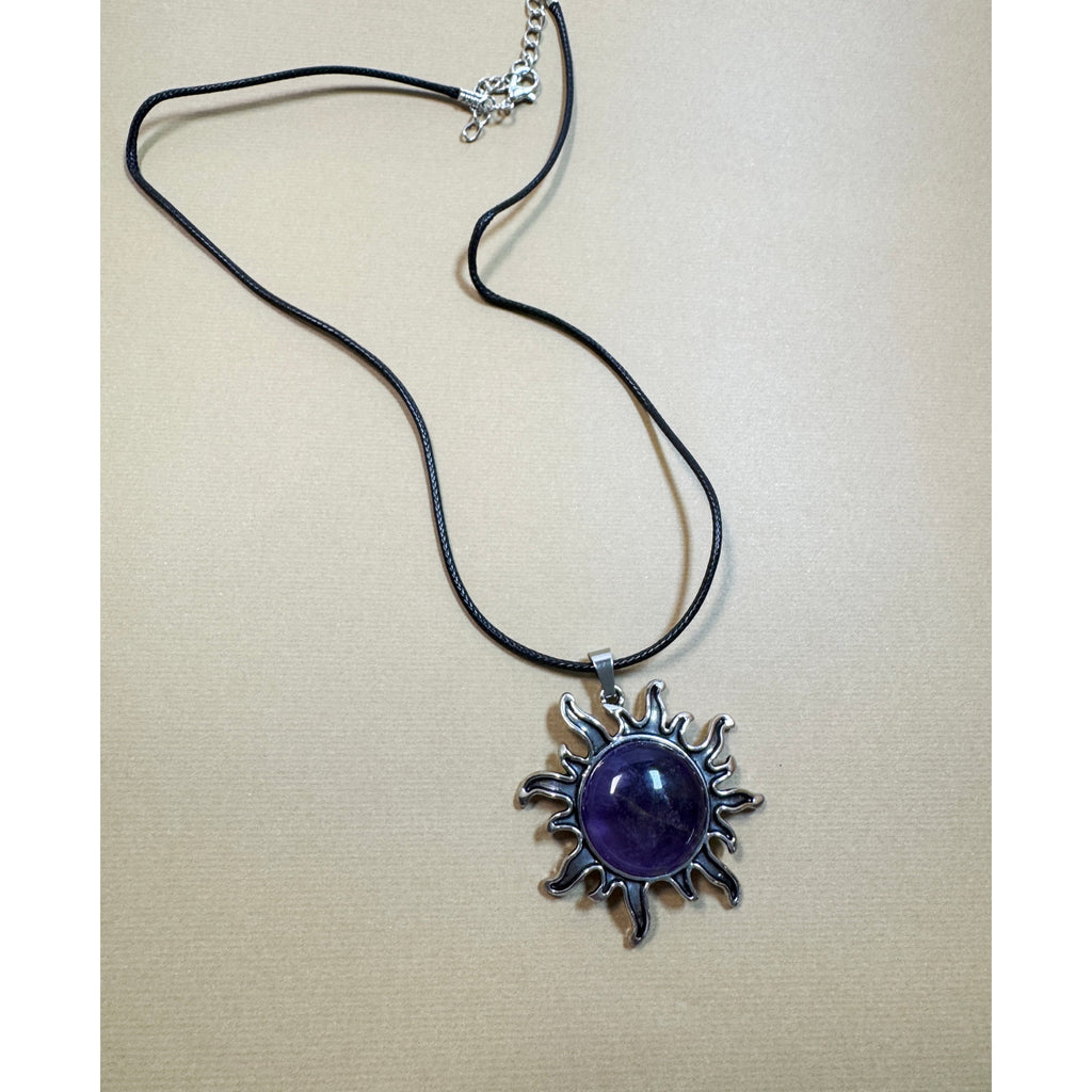 Purple Sun Pendant Necklace Celestial Amethyst Color 2" Pendant 16-18" Cord N302