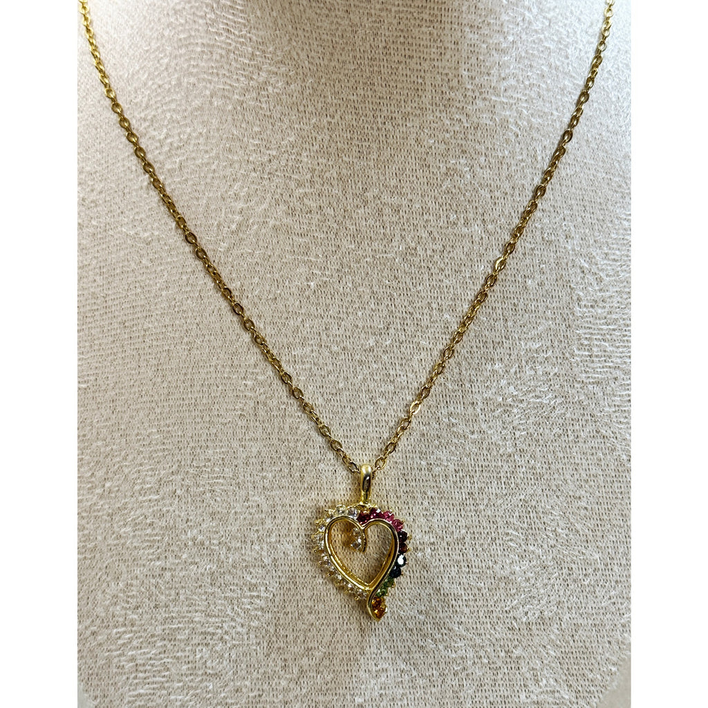 Vintage Heart Rhinestone Necklace Rainbow Crystal Pendant 18" Gold Chain N432
