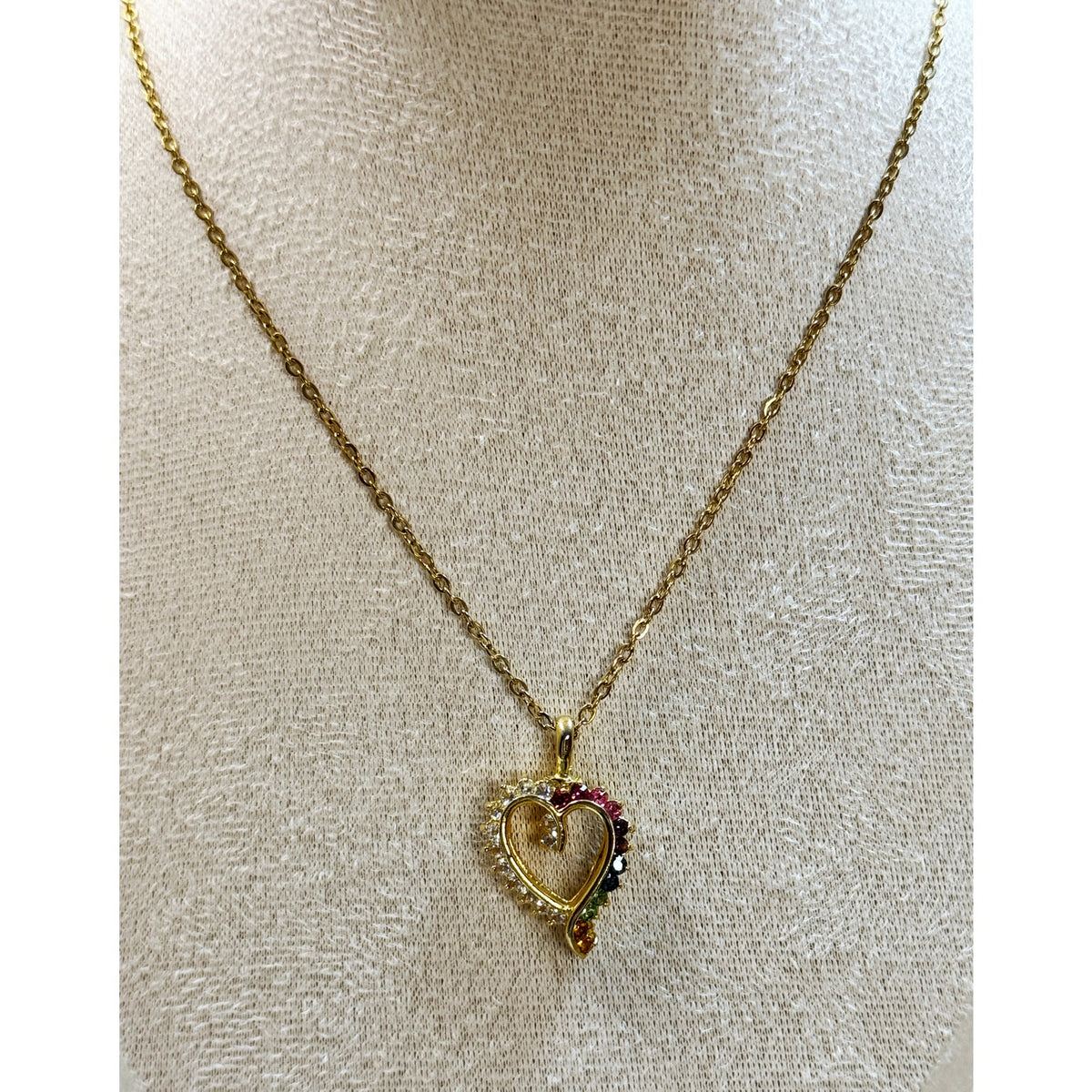 Vintage Heart Rhinestone Necklace Rainbow Crystal Pendant 18" Gold Chain N432