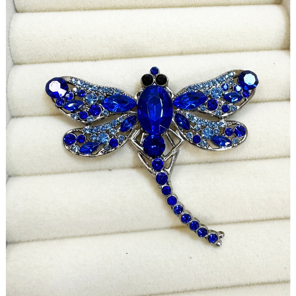 Blue Rhinestone Dragonfly Brooch Pin Gunmetal Gray Crystal Insect 2" CP253