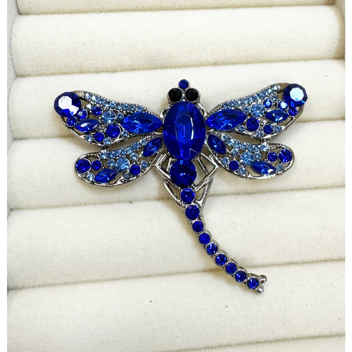 Blue Rhinestone Dragonfly Brooch Pin Gunmetal Gray Crystal Insect 2" CP253