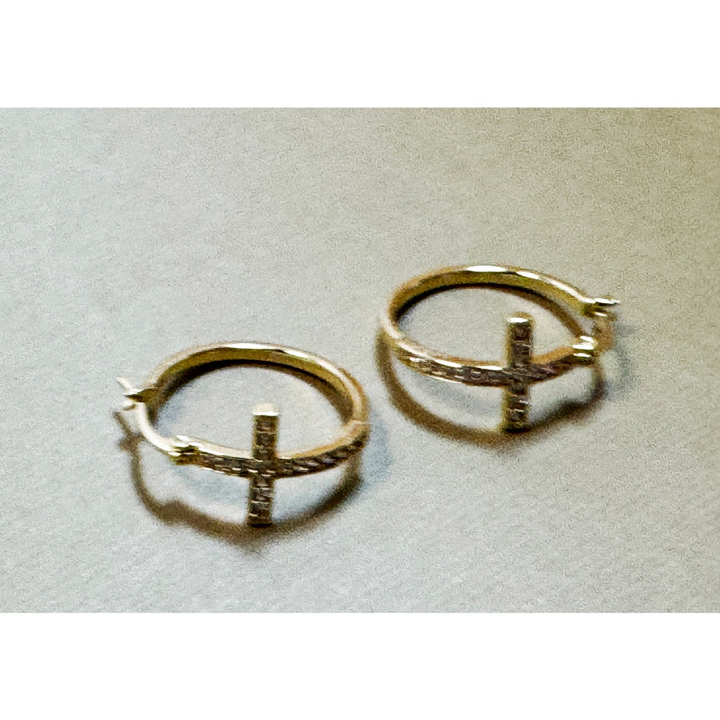 Rhinestone Cross Hoop Earrings Silver Tone Christian Faith 3/4" New E300