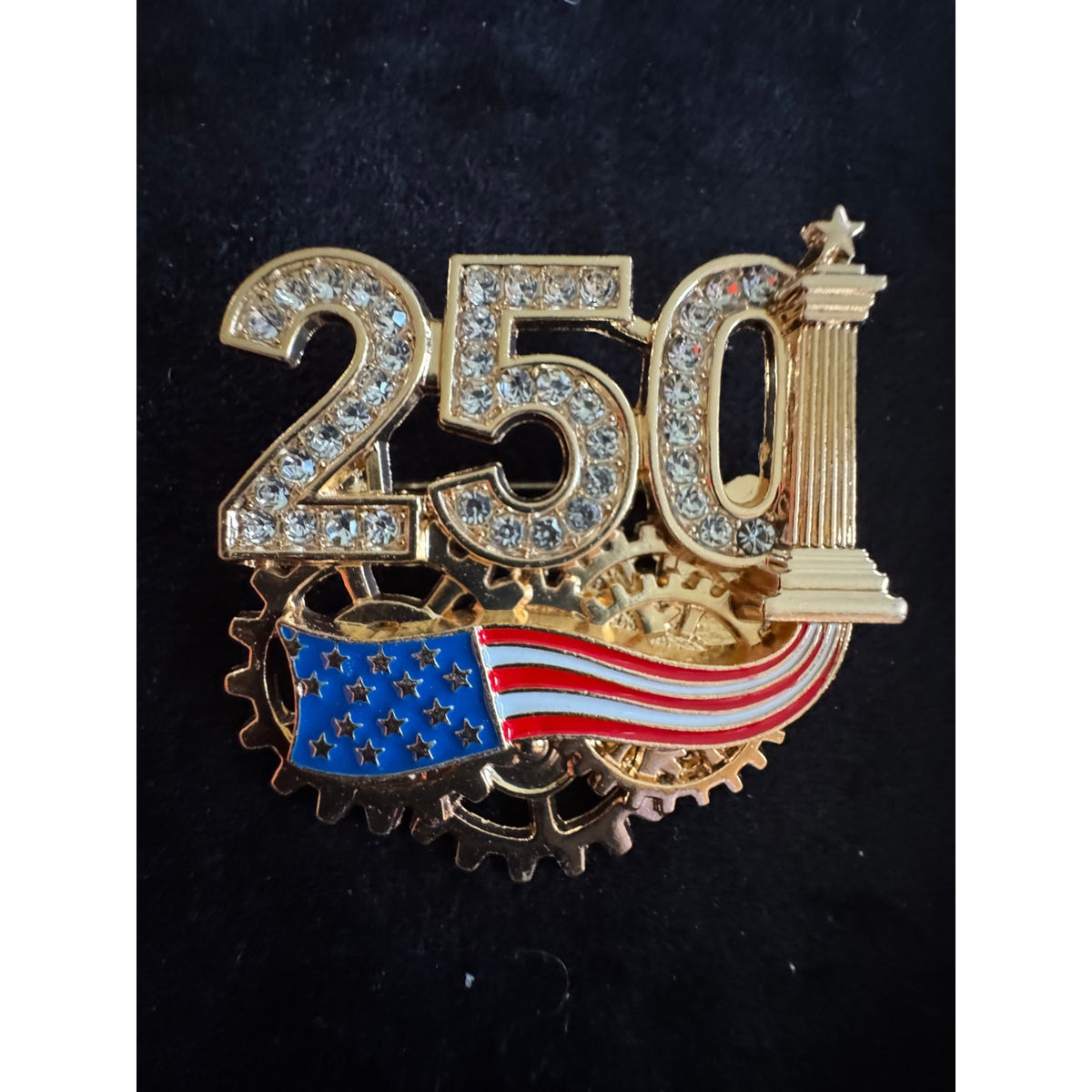 Americana 250 Rhinestone Brooch Pin Red White Blue Patriotic USA 2” CP155