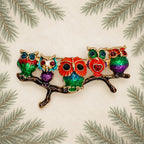 Colorful Owl Brooch Pin 5 Owls on Branch Rhinestone Gold Tone Jewelry CP167