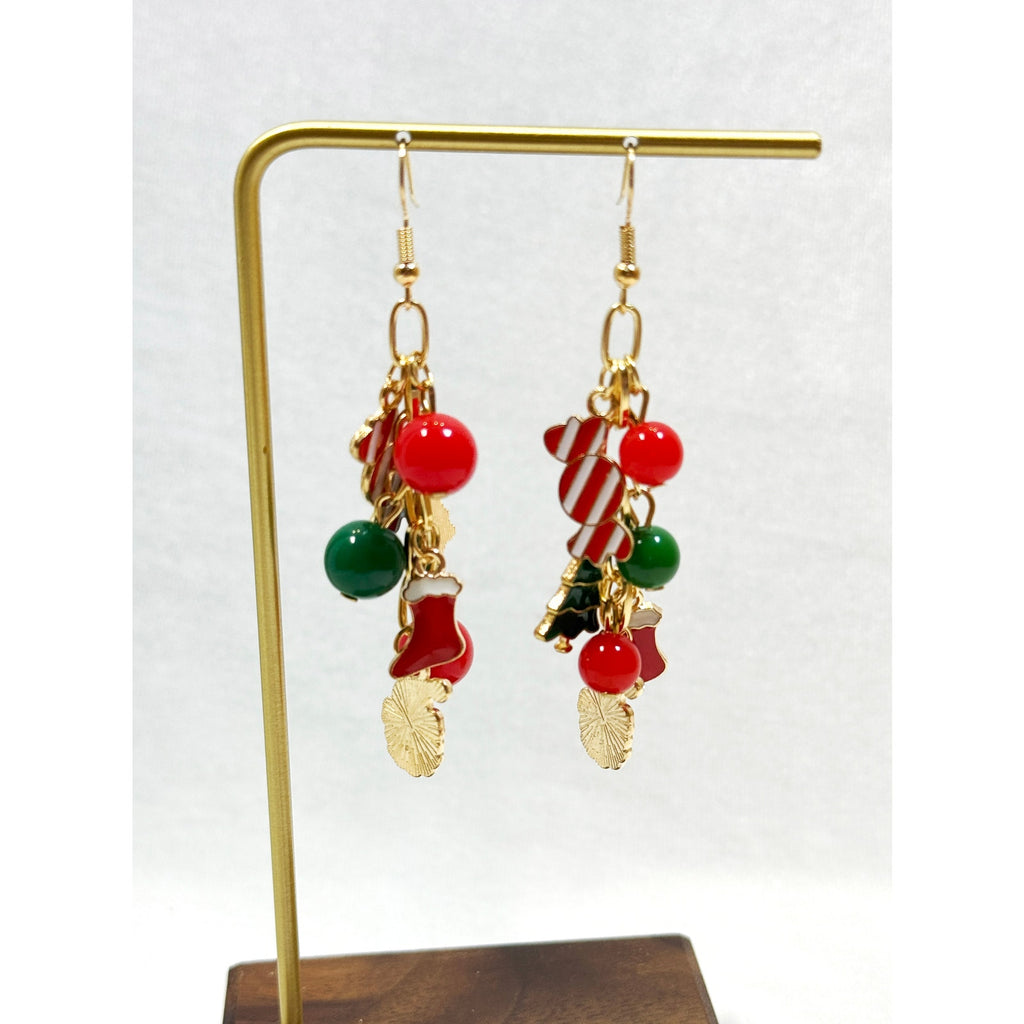 Christmas Charm Dangle Earrings Red Green Holiday Beaded Earrings 3.5" Long E383