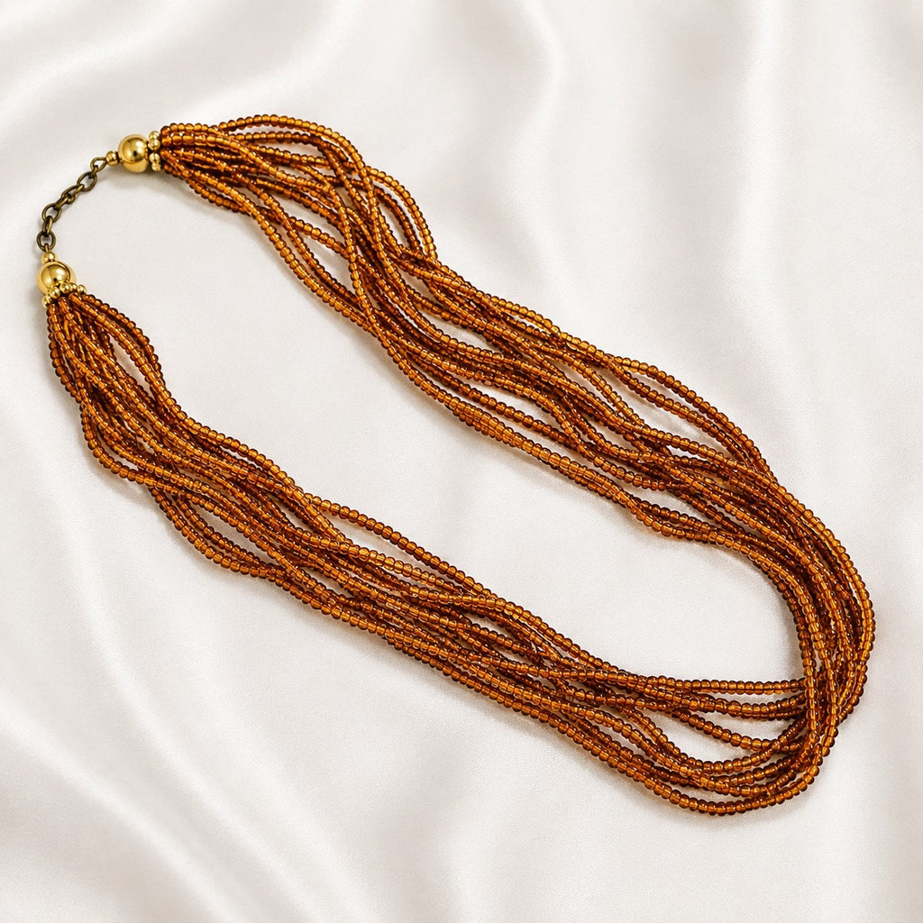24 Inch Multi Strand Wooden Bead Necklace Brown Boho Statement N648