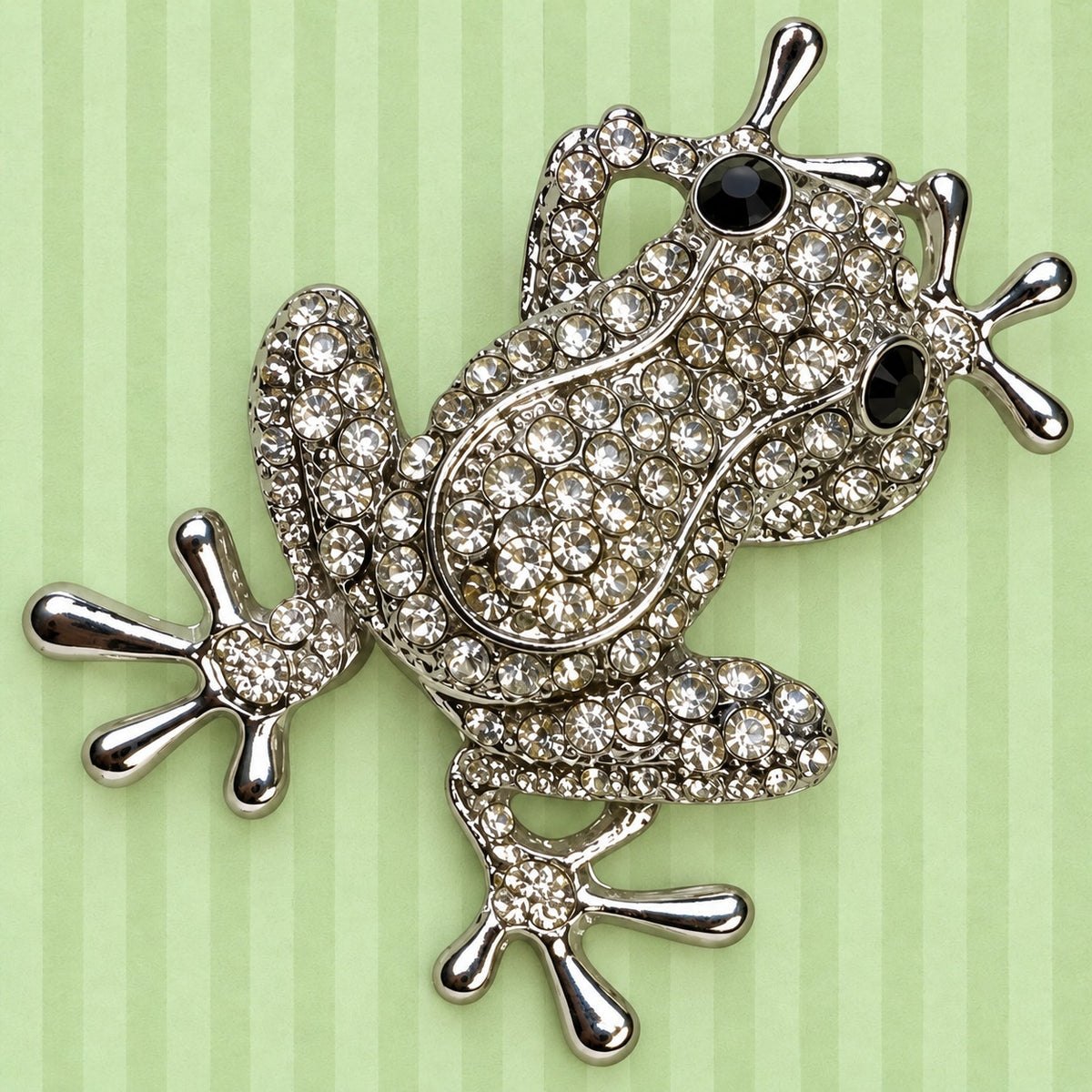 Clear Rhinestone Frog Brooch Pin Silver Tone Lily Pad Nature Jewelry 2" CP184