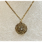 Vintage Gold Tone Rhinestone Filigree Pendant Necklace Floral 18" Chain N439