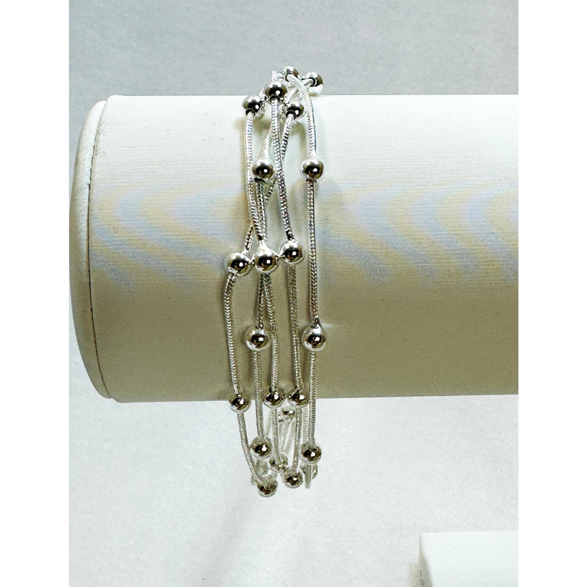 925 Silver Plated Multi Strand Bead Bracelet 7.5" Chain Layered Dainty B074