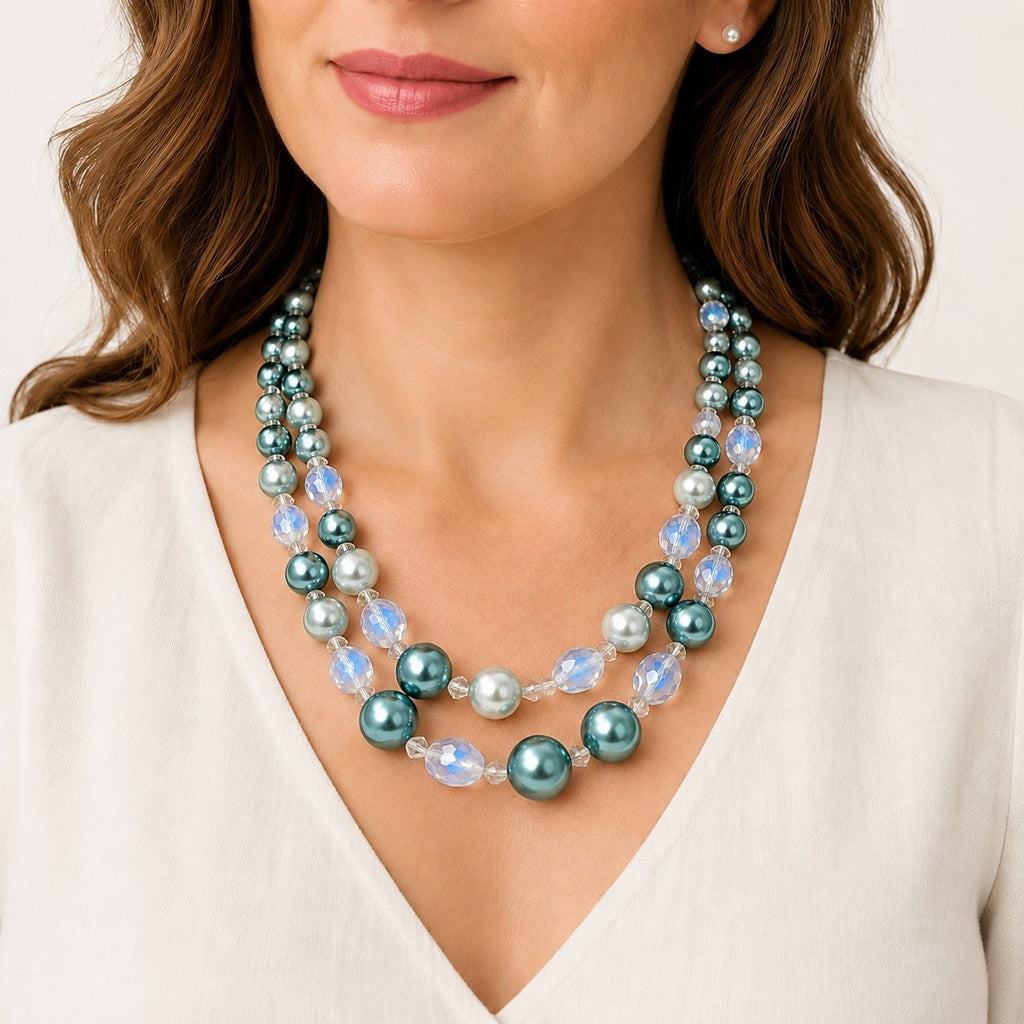Vintage Teal Pearl Double Strand Necklace Crystal Beads 16-18 Inch N620