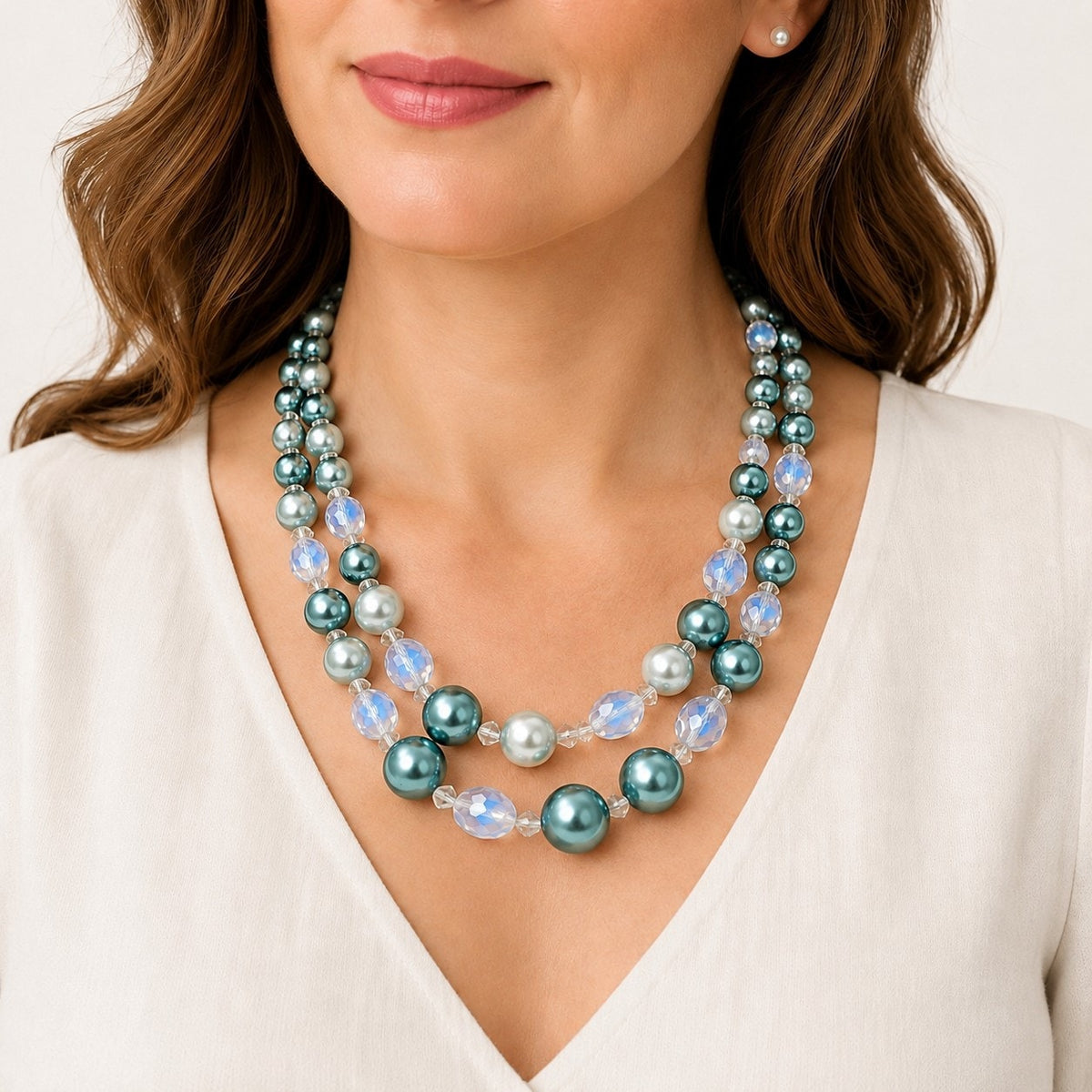 Vintage Teal Pearl Double Strand Necklace Crystal Beads 16-18 Inch N620