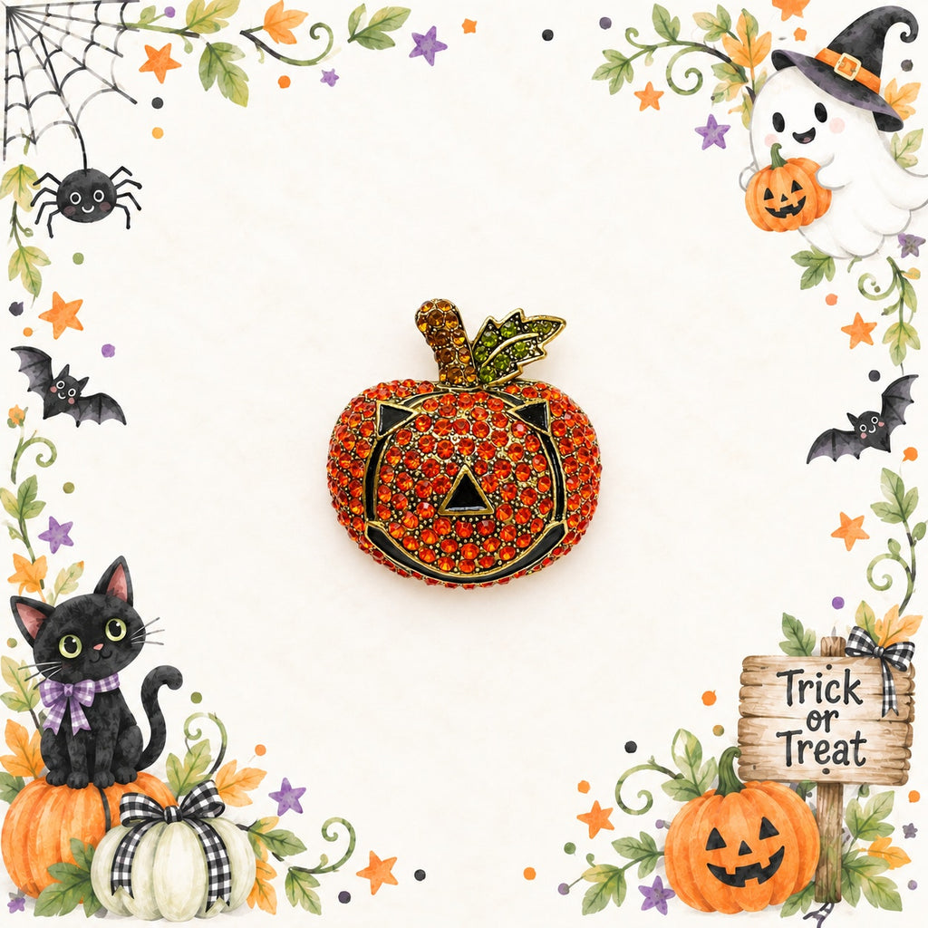 Halloween Jack O Lantern Brooch Orange Rhinestone Pumpkin Gold Tone Pin CP214