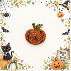 Halloween Jack O Lantern Brooch Orange Rhinestone Pumpkin Gold Tone Pin CP214