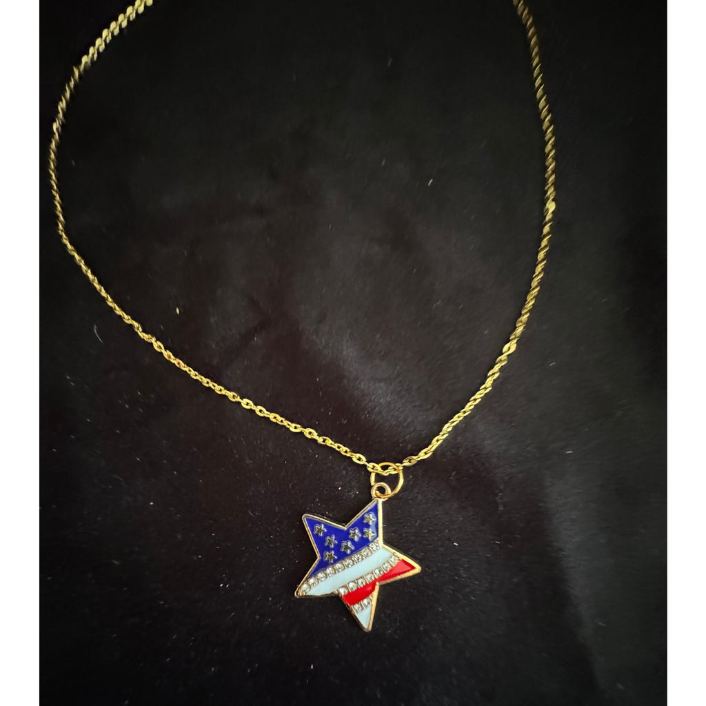 Americana Star Rhinestone Necklace Red White Blue Patriotic 22 inch N278